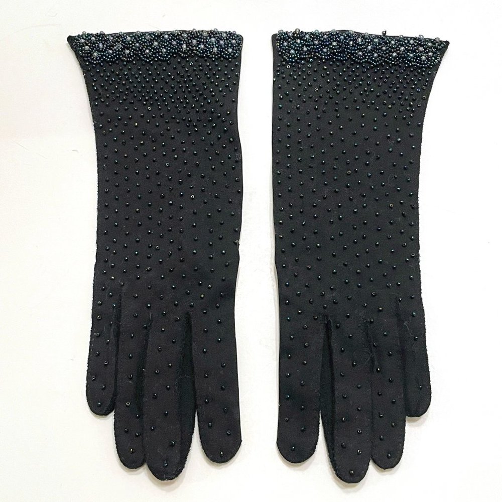 Vintage Black Evening Gloves w/ Oil Spill Seed Beads Made Expressly for Gimbels